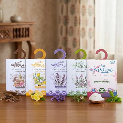 Cycle Pure Karpure Camphor Sachet - Pack of 5 | Air Freshener for Bathroom, Cars, Wardrobes, Homes, & Offices | Oudh, Citrus, Lavender, Thyme & Original Camphor Fragrance | Each Lasts up to 30 Days