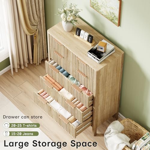 Image of 47 inch Tall Dressers for Bedroom Fluted 5 Drawer Dresser, Wooden Dresser Modern Chest of Drawers Dressers with Organizer Storage for Bedroom, Living Room, Entryway, Oak