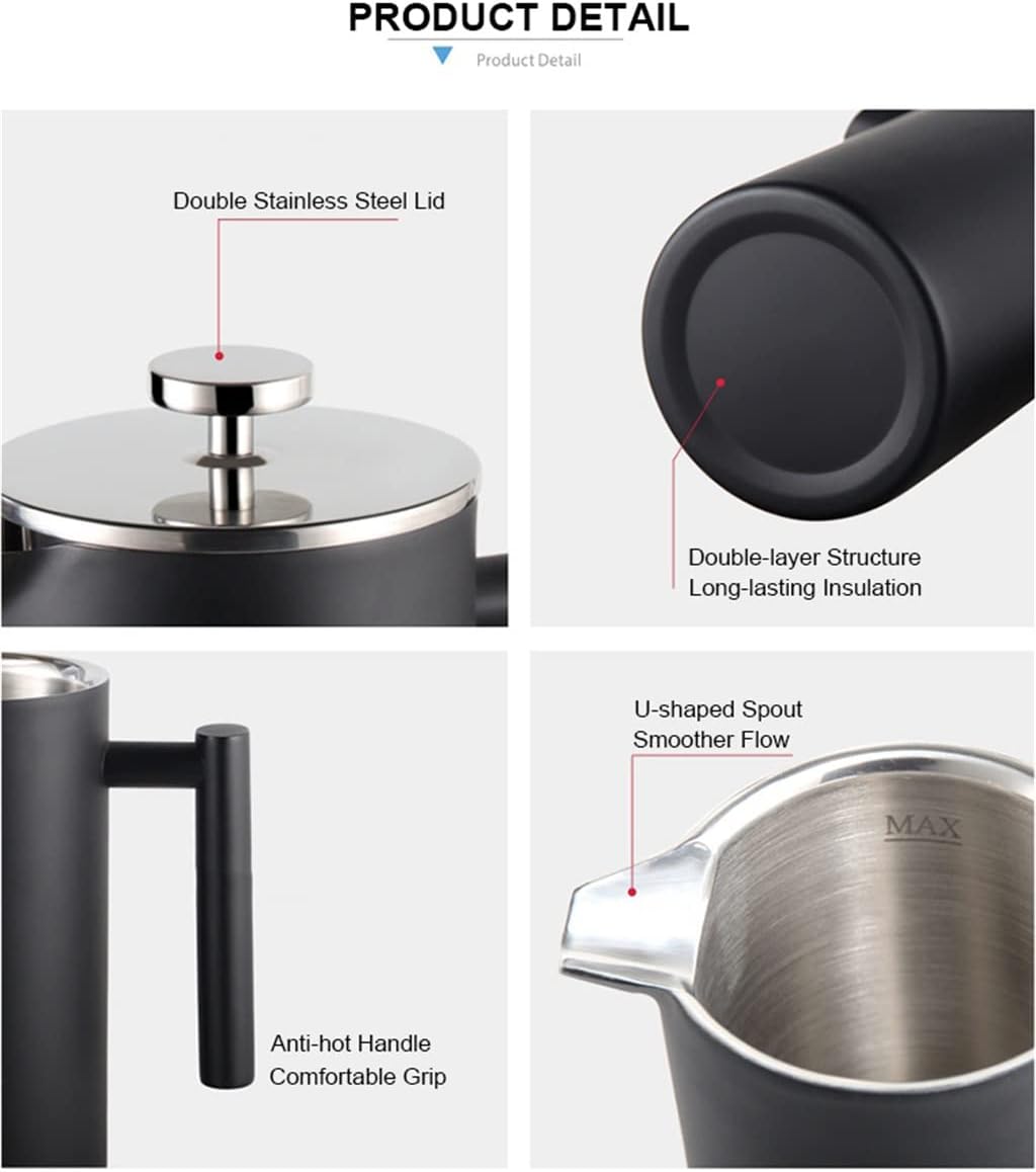 Stainless Steel French Press Double Wall Coffee Percolator Pot Large Capacity Manual Coffee Maker Machine (Color : Black, Size : 350ml) (Black 800ml)