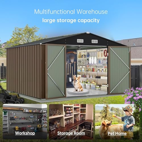 Garvee Brown Metal 10x8 FT Outdoor Storage Shed with Lockable Doors, Sloped Roof for Garden, Backyard, Patio, Corrosion Resistant, Easy Assembly