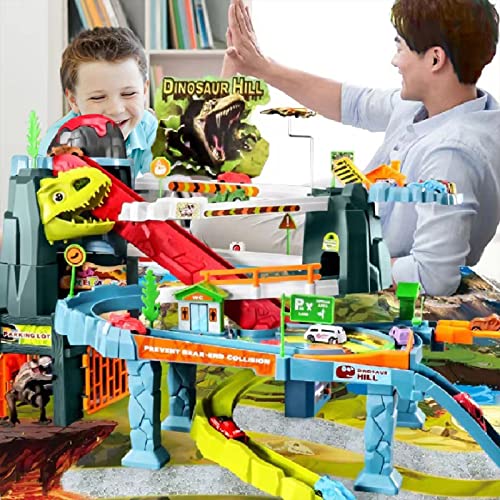 Juqic Children's Toy Car Ramp Track Dinosaur Spray Hills Adventure Railcar Slot Car Vehicle Race Play Set With 20 Mini Cars For Preschool Boys Puzzles Gifts Kids Ages 3 To 6 Or Older (Spray Dinosaur) #TOP6