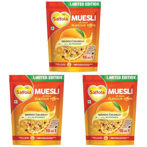 Image of Saffola Muesli Mango Crunch, with Real Alphonso Mango 400g | Limited Edition, with crunchy Flavour Pops | Breakfast Cereal (Pack of 3)