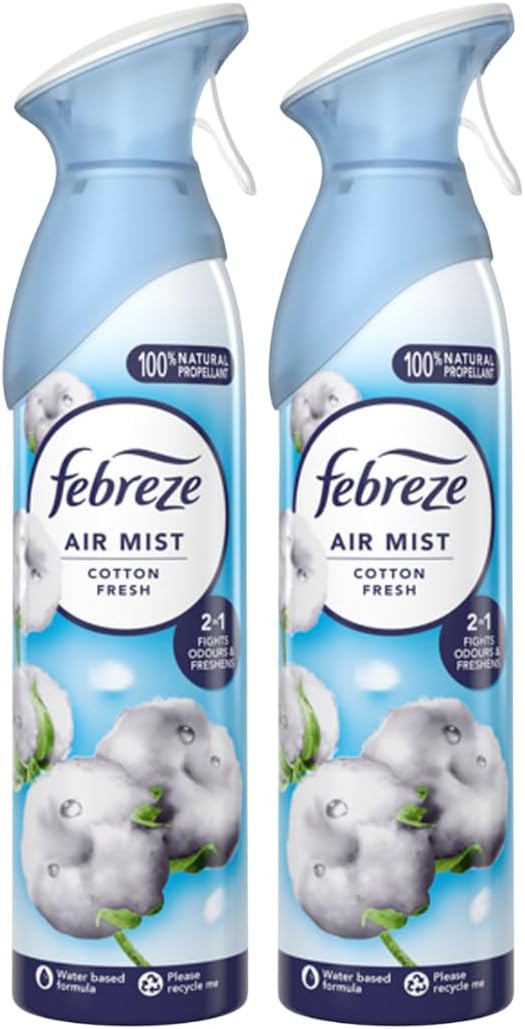 Air Mist Air Freshener Spray odour Eliminator Home & Office Fragrances - Cotton Fresh Scent - 185ml - Box of 2