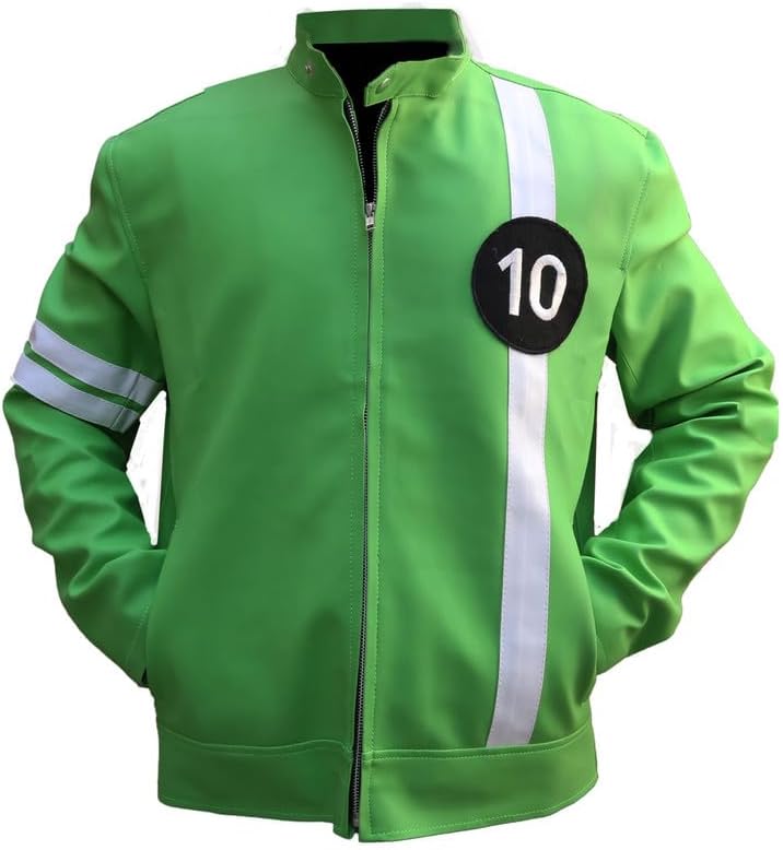 Green Alien Swarn Tennyson Ben - Ten Jacket Faux Leather Green and White Biker Jacket For Men