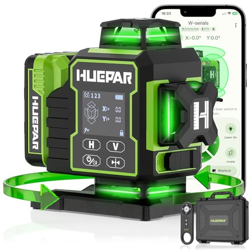 Huepar 2024 Nuova Edizione W04CG Livella Laser 4D, Livella Laser con Display LCD con Base Motore Rotante, Laser a Linea Trasversale Autolivellante a 360° - Telecomando Bluetooth, Modalità a Impulsi