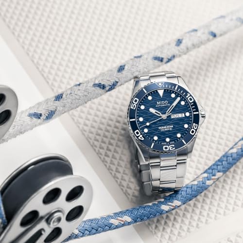 Image of MIDO Ocean Star 200C - Swiss Automatic Diving Watch for Men - 42.5mm Stainless Steel Case - Rotating Ceramic Bezel - Wave-Design Dial with Day,Date Calendar