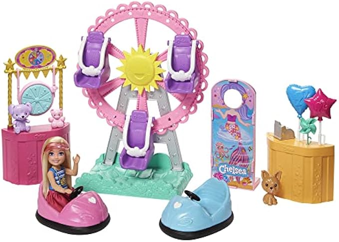 Barbie Club Chelsea Doll and Carnival Playset, 6-inch Blonde Wearing Fashion and Accessories, with Ferris Wheel, Bumper Cars, Puppy and More, Gift for 3 to 7 Year Olds