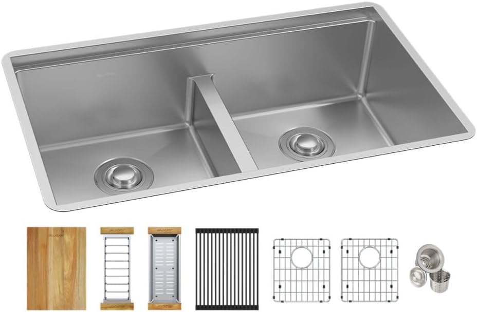 Elkay Crosstown 16 Gauge Workstation Stainless Steel, 31-1/2" x 18-1/2" x 9" Equal Double Bowl Sink Kit with Aqua Divide
