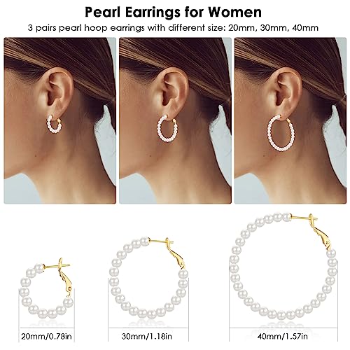 CERSLIMO Pearl Hoop Earrings for Women - 3 Pairs 14K Gold Plated & Sterling Silver Post Big Large Hoops 4mm Pearl Earrings Jewelry Gifts 20/30/40/50mm2