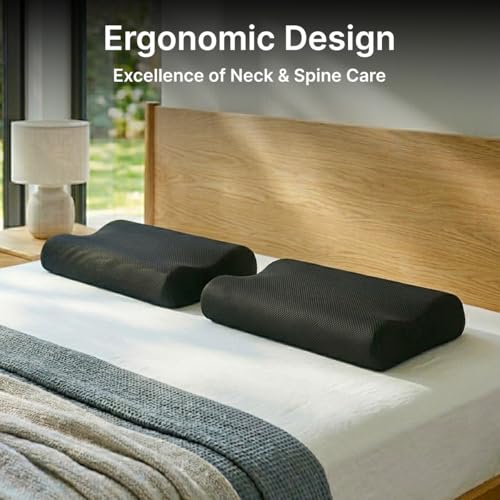 Image of pTron Ergova O2 100% Memory Foam Cervical Neck Pillow, Improves Posture, Spinal Alignment, Neck Pain Relief Cushion, Queen Size 19x11x3.5 inch, Breathable & Washable Zip Cover (Black)