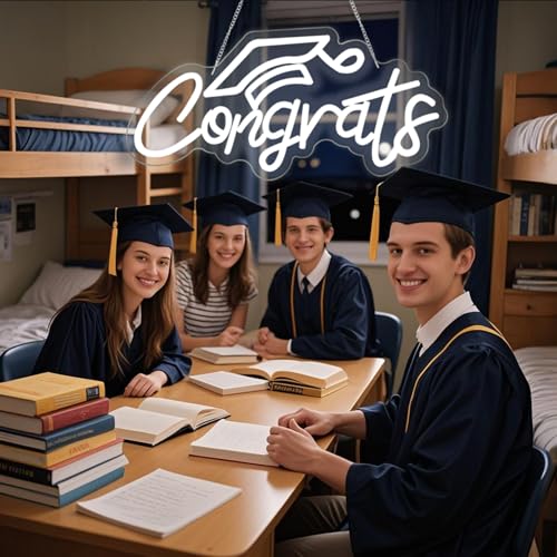Image of Congrats Grad Neon Sign for Backdrop wall decor,Dimmable USB Powered Light Up Letters for Dorm Walls,White Grad Gifts Sign for Graduation ClassRoom Party bedroom size:16.14 * 7.6 inch