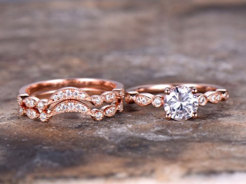 3pcs wedding ring set,6.5mm Round Cut 1ct Engagement ring,925 sterling silver stacking art deco wedding band,CZ Bridal ring,rose gold plated,Man Made diamond CZ ring,any size