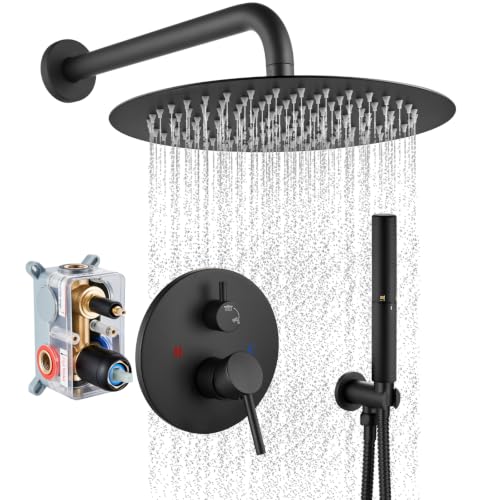 Conjunto de grifo de ducha Airuida, sistema de ducha de 12 pulgadas en negro mate con cuerpo de válvula de instalación, ducha de mano de 2 funciones y cabezal de ducha tipo lluvia miniatura 1