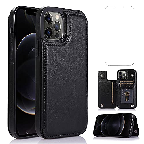 NKECXKJ iPhone12/iPhone12pro 用ケース,iPhone 12 Pro 12Pro スマホケース いphone12 いphone12pro 携帯ケース 純正 PUレザー 財布型カードホルター付き収納 スタンド機能耐衝撃 いpほね12 iphone12プロ アイフォン12プロ アイフォン12 レディース メンズ（黒 ブラック）