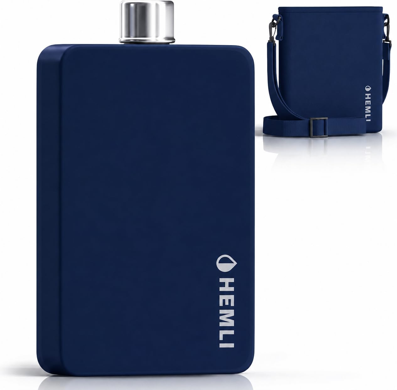 Hemli 14 oz Flat Water Bottle with Carrying Case – Thin Square Travel Water Bottle Fits in Purses & Bags – Shatterproof BPA-Free Tritan Plastic – Leakproof Silicone Seal (Blue) — image 1