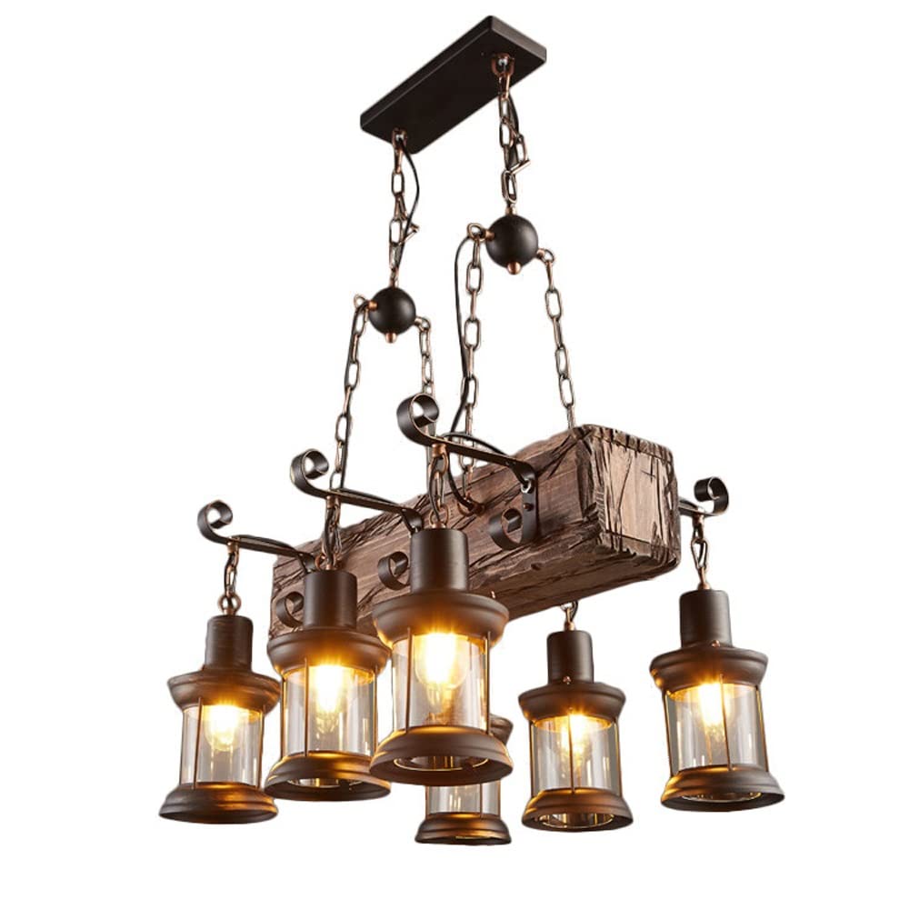 Lampa wisząca z drewna i szkła z 6 światłami
