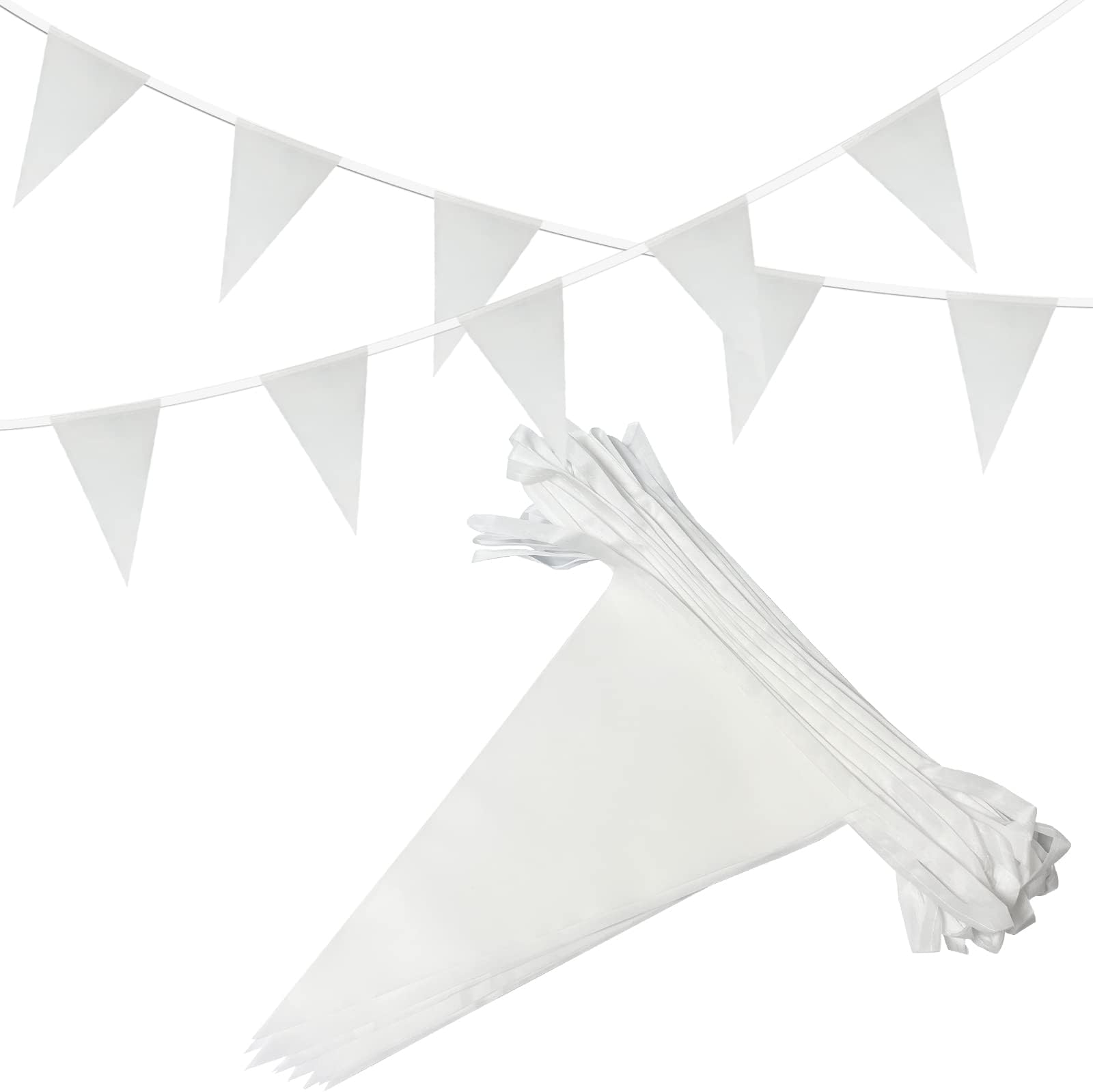 100 Feet White Pennant Banners Flags String With 76 Pcs Triangle Flag Bunting for Party Decorations, Grand Opening, Kids Birthday Party Hanging Decoration