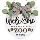 TOARTi 3D Rustic Front Door Welcome Sign Hanging with Bow-Knot Wreath, It's Basically A Zoo in Here Funny Home Porch Wall Decoration, Cute Dog Paws Pet House Decor for Pet Lover Owner Gift
