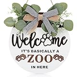 3D Rustic Front Door Welcome Sign Hanging with Bow-knot Wreath, It's Basically A Zoo In Here Funny...