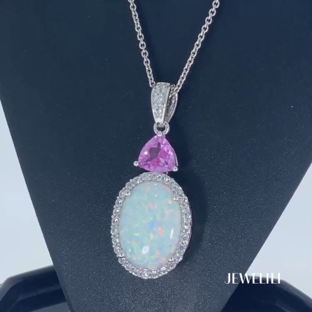 Collier Argent 925 Pendentif Opale De Synthèse Rose – 18 Pouces – Fabriqué En Thaïlande