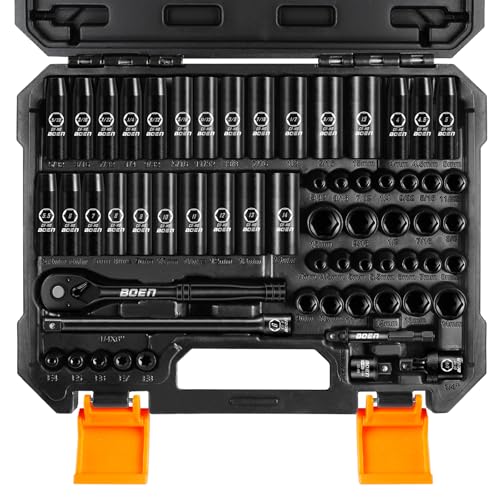 BOEN 1/4 Drive Impact Socket Set 60-Piece Standard SAE (5/32-9/16) & Metric (4-15mm) Cr-Mo Deep & Shallow Kit Includes Ratchet Handle E-torx sockets Reducer Extension Bar Universal Joint