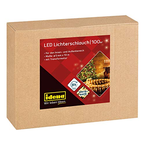 Idena 31487 - LED Lichterschlauch mit 100 LEDs in Warmweiß, Lichterkette mit 8 Stunden Timer Funktion & Transformator, ca. 10 m lang, Deko für Innen & Außen, Party Deko, Weihnachtsdeko, Hochzeit