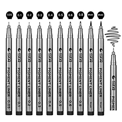 SAYEEC Fineliner Black Pens Set of 10 Size Tips 0.05mm to 1mm Sketching Painting Drawing Marker Pens Ink Pens Refills for Writing Note Black for Design Office School Artist