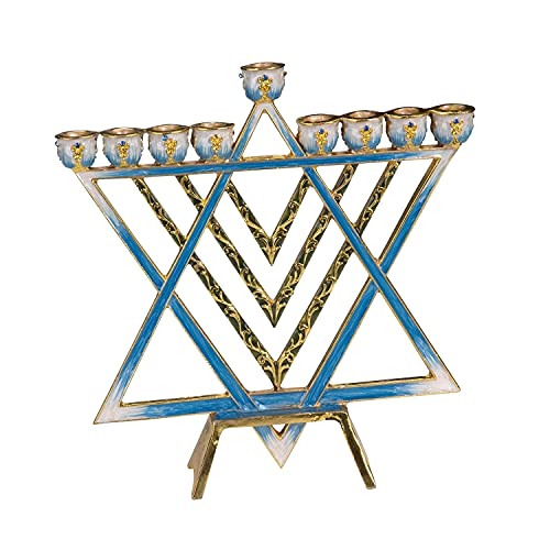 Gift Mark Menorah with Brass Modern Star of David - Light Blue