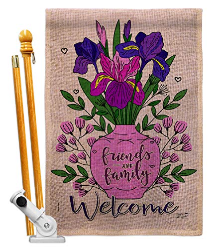 Angeleno Heritage Welcome Irises Burlap House Flag Set Expression Sweet Home Flower Vintage Rustic Everyday Floral Classic Decoration Banner Small Garden Yard Gift Double-Sided, Made in USA