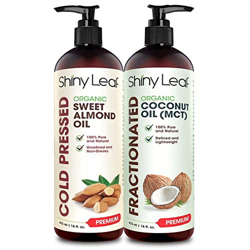 Organic Sweet Almond Oil and Fractionated Coconut Oil Bundle for Hair and Skin, 100% Pure and Natural, Hexane-Free, Moisturizing, For Healthy Skin, Silky Hair, Multiuse Body Oil, 16 fl. Oz X 2