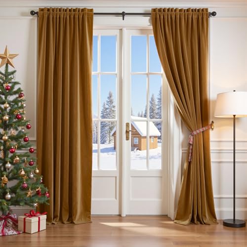 Lazzzy Velvet Blackout Curtains Brown Thermal Insulated Curtains 84 Room Darkening Window Drapes Super Soft Luxury Curtains for Living Room Bedroom Rod Pocket 2 Panels 84 Inch Long Gold Brown