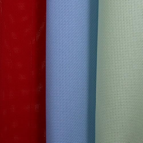 Image of KCS 3 pc of 15 inch x 18 inch(38cmx45cm) Counted Cross Stitch Cotton Aida Cloth Needlework Rolled Fabric Box,18CT,Light Blue+Light Green+Red