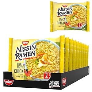 Nissin Ramen - Thai Roasted Chicken, 10er Pack, Instant-Nudeln asiatischer Art, nach thailändischer Rezeptur, schnell & einfach zubereitet, asiatisches Essen (10 x 65 g)