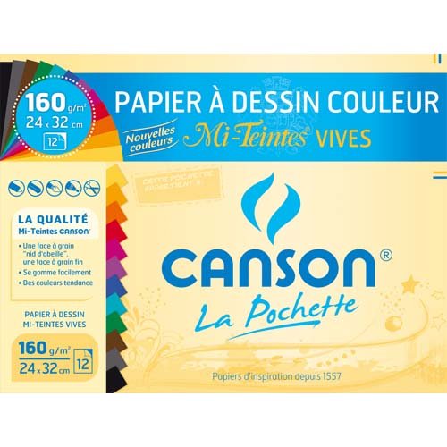 Canson Mi-Teintes Vives Pochette de 12 feuilles papier à dessin couleur 160 g 24 x 32 cm Lot de 10