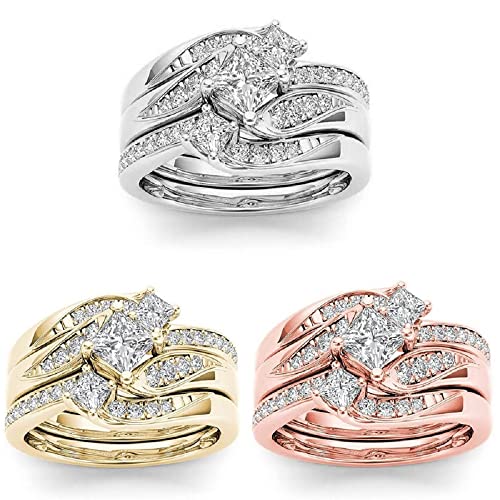 Anniversary Promise Wedding Band Women's Two Tone Rings Rose Gold Three Stone Round Cut Engagement Ring Sterling Silver Halo Bridal Ring Set (8, silver)2