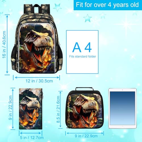Image of HPJGD 3PCS Dinosaur Kids Bookbag, Water Resistant Boys School Bag Set with Lunch Box, Cool Backpack for Elementary Preschool Toddler - Wall-Breaking T-Rex
