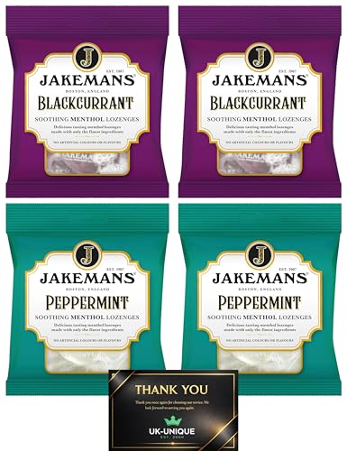 Jakemans Menthol Cough Drops 4 x Lemon & Honey | Soothing Herbal Lozenges for Cough Relief, Sore Throat, Congestion | Natural Vapour Action Hard Candy (4 Pack) (Blackcurrant & Peppermint)