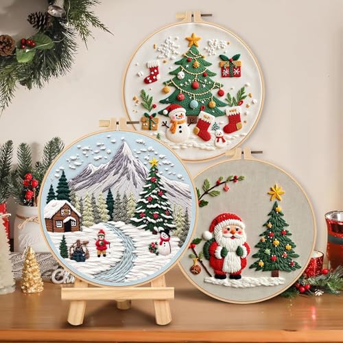 Image of LB Red Christmas Embroidery Kit for Beginners Adults, 3 Sets Hand Embroidery Starter Kit with Santa Pattern and Instructions Stamped Cross Stitch Kits Include Embroidery Hoop Needles Threads Scissors