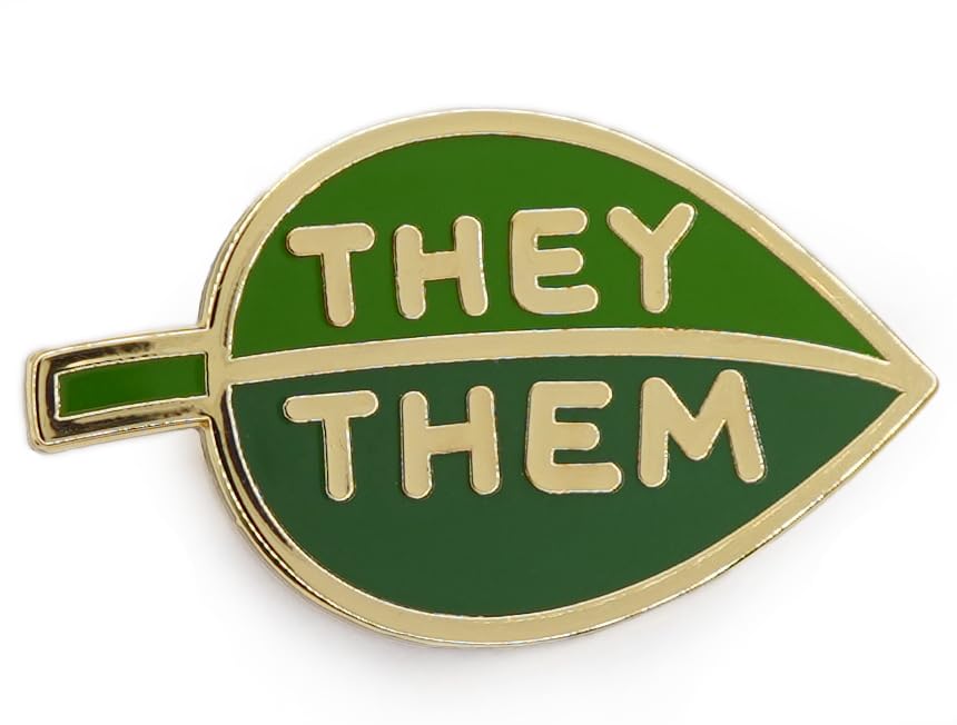 They Them Pronoun Brooch Button Non-Binary Badge Enamel Lapel Pin - Green Leaf NB Pride Genderqueer Gender Identity Pin