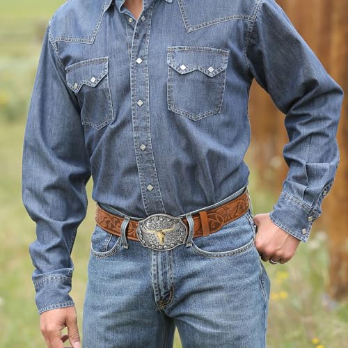 JASGOOD Men Leather Western Belt, Cowboy Cowgirl Country Belt with Longhorn Cow Vintage Engraved Buckle Belt for Jeans,Brown2
