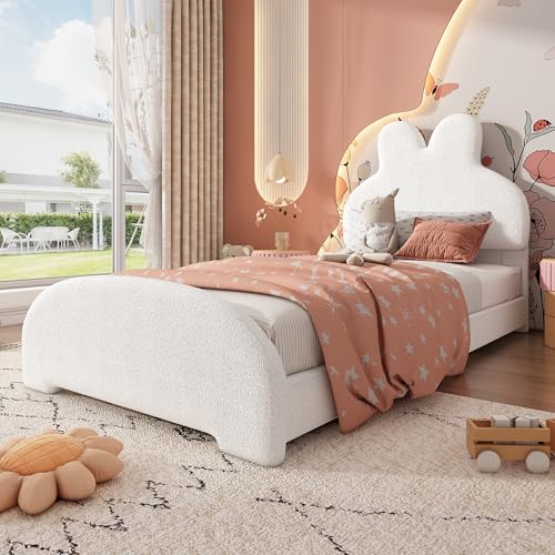 Merax Kinderbett Polsterbett 90x200, Mädchen Einzelbett mit Bettkopf in Hasenohrenform, Jugendbett Bettgestell mit Lattenrost, Cartoon niedlich Stil, Teddy-Samtstoff, Weiß (ohne Matratze) Merax Kinderbett Polsterbett 90x200, Mädchen Einzelbett mit Bettkopf in Hasenohrenform, Jugendbett Bettgestell mit Lattenrost, Cartoon niedlich Stil, Teddy-Samtstoff, Weiß (ohne Matratze)