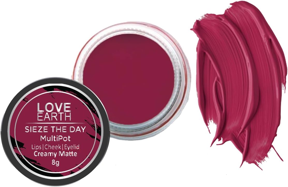 Love Earth Lip Tint & Cheek Tint Multipot-Seize The Day With Richness Of Essential Oils And Vitamin E For Lips, Eyelids & Cheeks, Matte Finish - Raspberry Pink