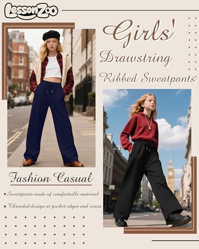 3 Pack Girls Sweatpants Straight Leg Ribbed Waist Active Joggers Teens Athletic Pants with Drawstring and Pockets2