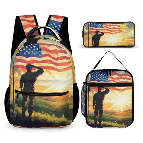 United States Flag Veterans Day Travel Backpack Lunch Box Pencil Case 3Pcs Set for Men Women Office Outing University
