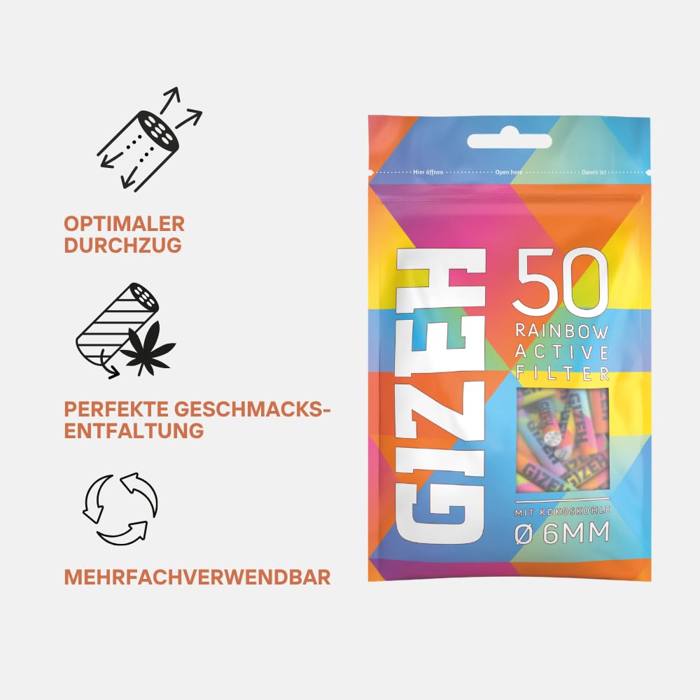 GIZEH Raucherbedarf Gizeh 20580 filtr z węglem aktywnym, wąski, rozmiar 6 mm, tęczowy, 10 worków po 50 filtrów, papier, biały