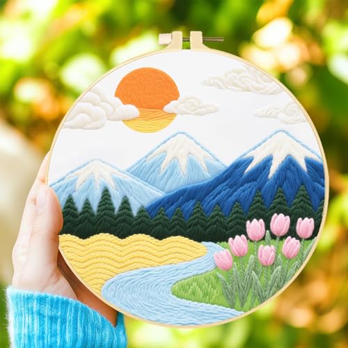 Image of INFUNLY 6 Sets Landscape Embroidery Kit for Beginner Sun Scenery Embroidery Starter Kit 11.8x11.8 A Better Life Hand Stitching Needlework Set with Step-by-Step Instruction for Home Decor