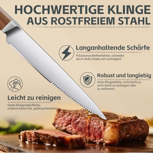 Purple Dragon Steakmesser 6er Set mit Wellenschliff - Holzgriff, Edelstahl – Ansicht 4