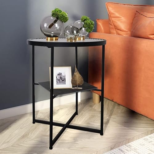 Ekr Tempered Glass End Table Marble Nightstand Sintered Stone Iron Frame Small Round Glass Table/Side Table For Living Room Black 1 Pack Living Room Furniture Home And Kitchen #TOP1