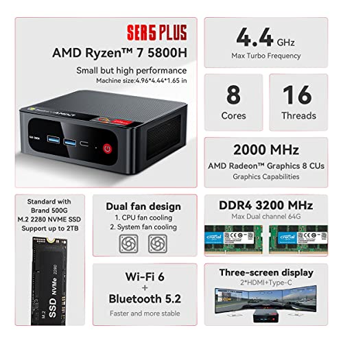 Beelink Ser5 Mini Pc Ryzen 7 5700U(Up To 4.3Ghz) Windows 11 Pro Mini Computers 16Gb Ddr4 500Gb Nvme Ssd Mini Desktop Pc, Hdmi & Usb-C & Dp 4K Triple Display, Wifi6-Bt5.2, Usb3.2 Gen2 #TOP1