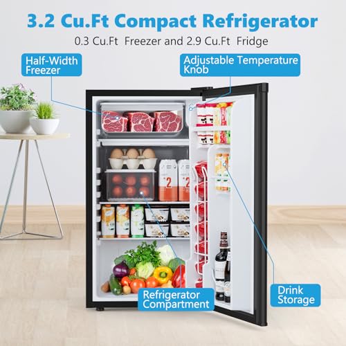 Image of COWSAR 3.2 Cu.ft Mini Fridge with Freezer, Compact Dorm Refrigerator with Reversible Single Door, Adjustable Thermostat, Energy Saving, Perfect for Office, Dorm, Bedroom, Home, Black
